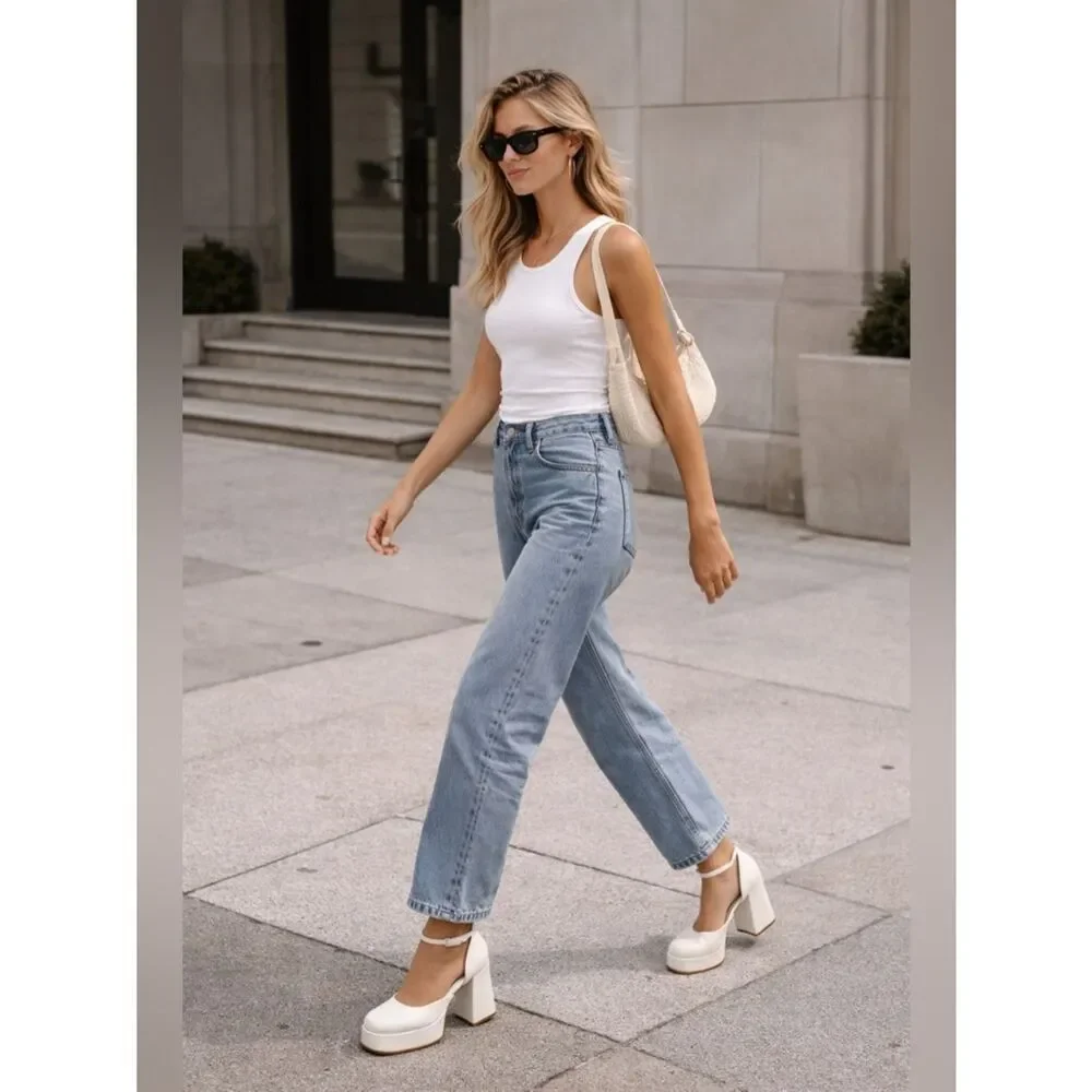 White Platform Block Heel Pumps Minimalist Square Toe Ankle Strap Size 9.5